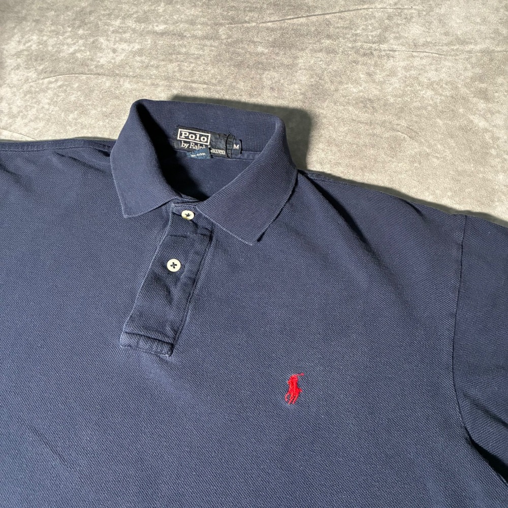 Vintage Polo Ralph Lauren Navy Blue Short Sleeve Pique Polo Shirt Made in USA M